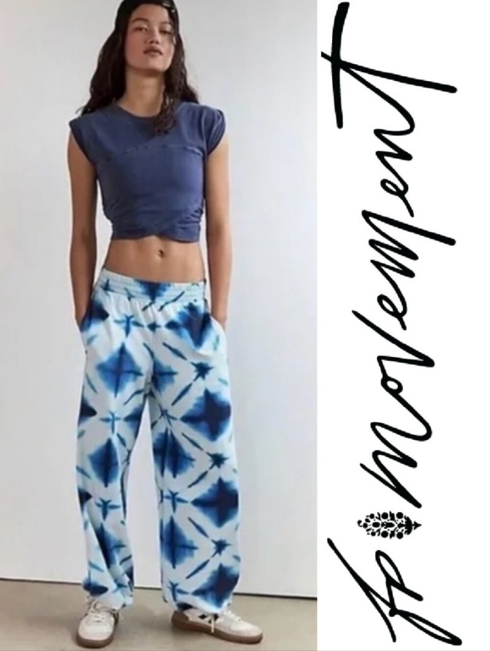 2 Pc Set Free People Movement Hot Shot Cotton Top & Pants, Navy Tie Dye - Picture 1 of 11